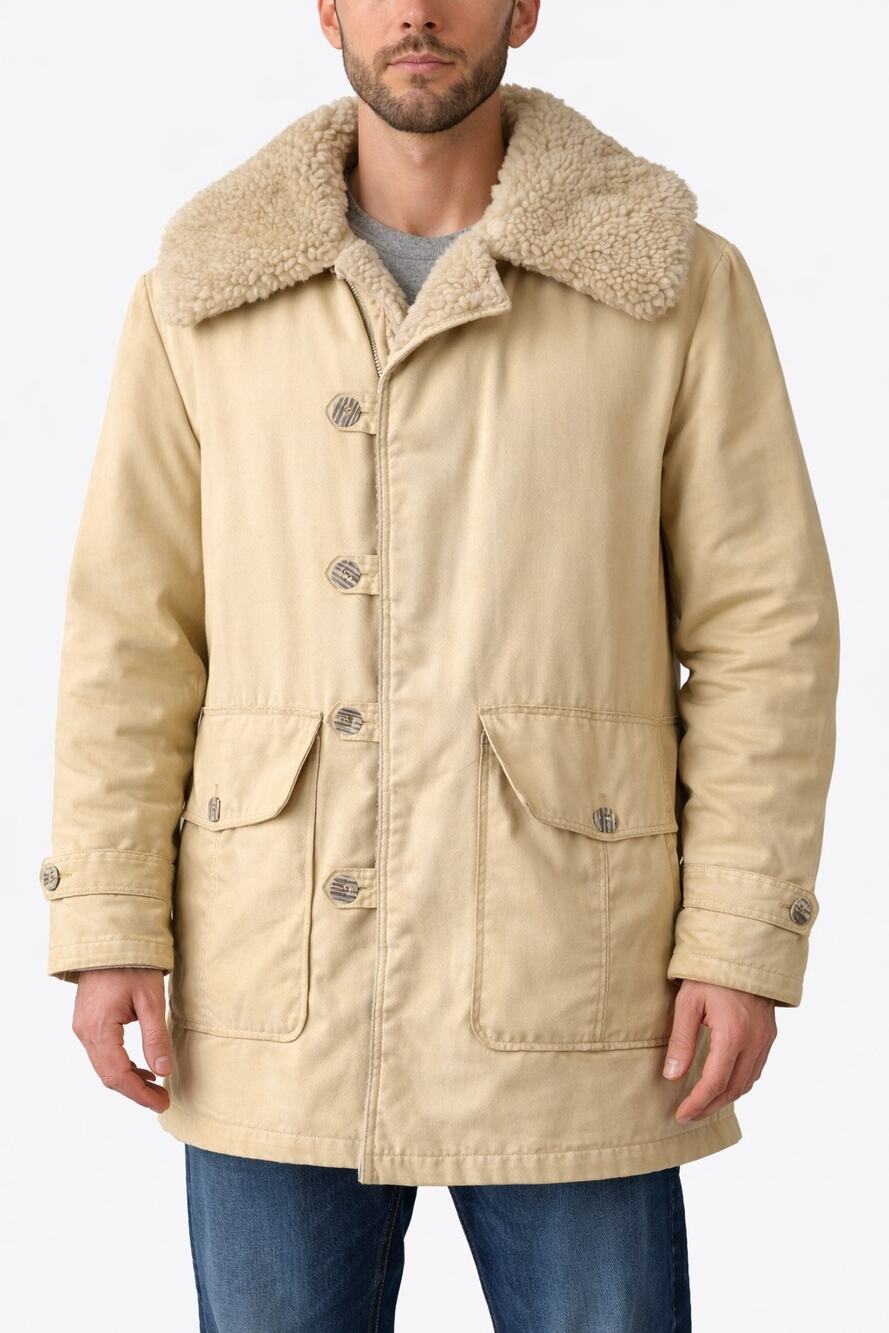 Vintage 1970s Sears Oakbrook Duck Cloth Cream/ Yellow Sherpa Lined Coat Large